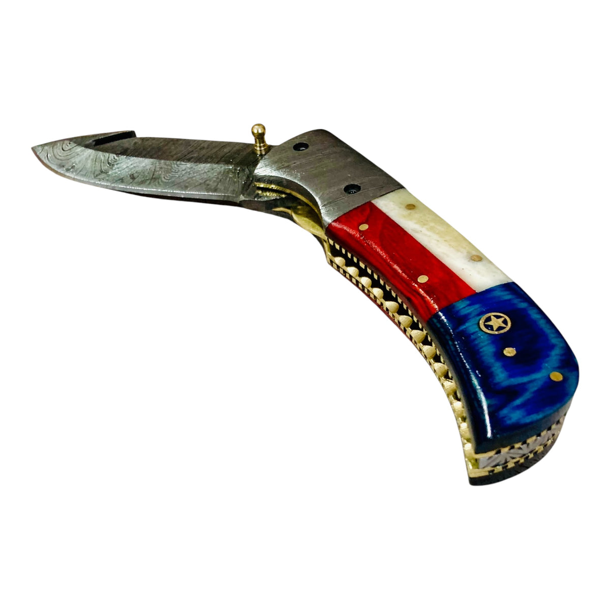 Damascus Steel Gut Hook Folding Knife with Damascus Bolster & Texas Handle – AB-0047