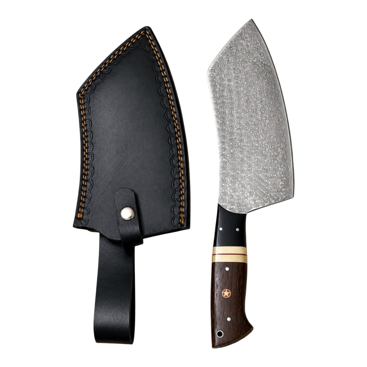 Damascus Steel Raindrop Pattern Meat Cleaver With Black Micarta, Bone & Wenge Wood Handle – AB-00253