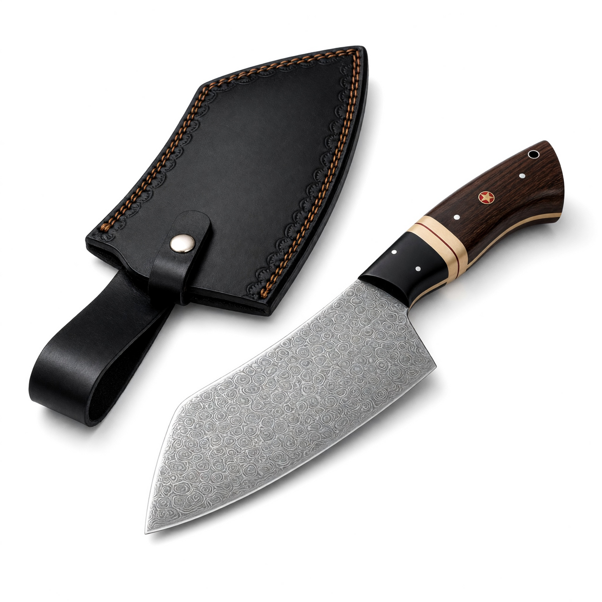 Damascus Steel Raindrop Pattern Meat Cleaver With Black Micarta, Bone & Wenge Wood Handle – AB-00253