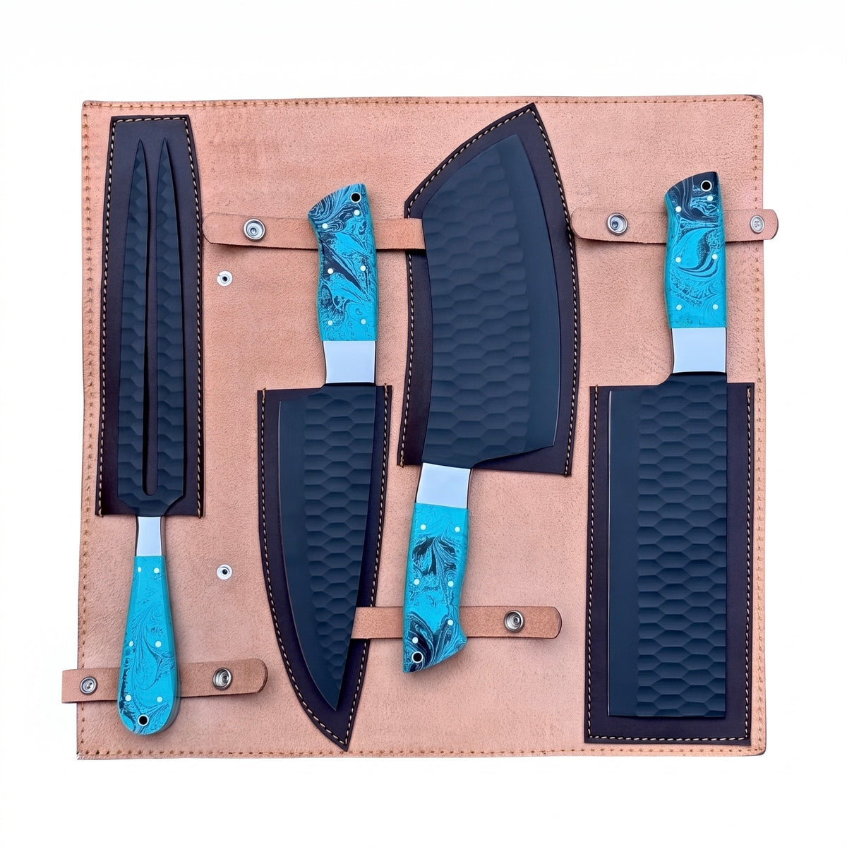 Stainless Steel 4 Pieces DLC Coated Chef Set With Blue Turquoise & Black Resin Handle – AB-00258
