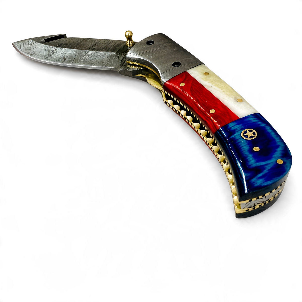 Damascus Steel Gut Hook Folding Knife with Damascus Bolster & Texas Handle – AB-0047