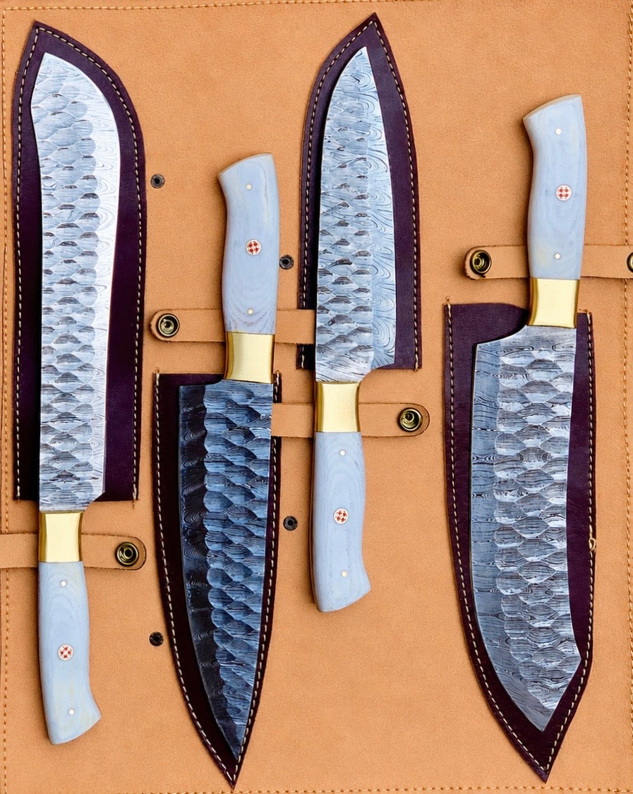 4-Piece Handmade Damascus Chef Knife Set with White Resin Handles & Brass Bolsters – AB-0090