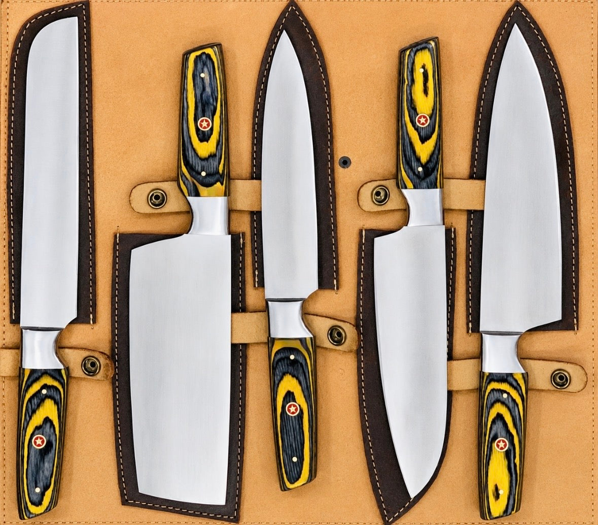 5-Piece Handmade Stainless Steel Chef Knife Set with Yellow & Black Wood Handles – AB-0089