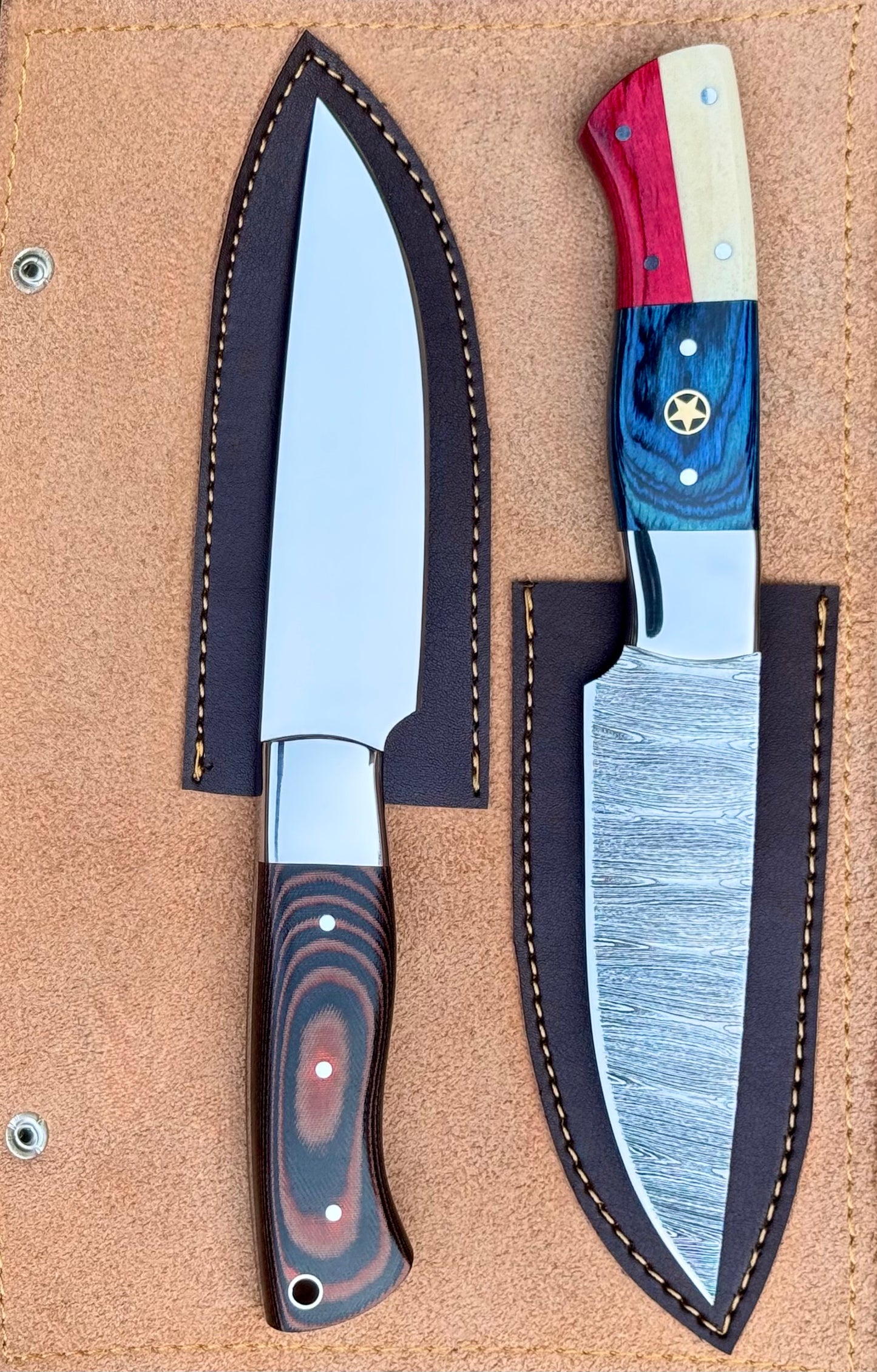 2-Piece Handmade Steak Knife Set – Damascus & Stainless Steel | Multi Micarta & Texas Handle – AB-00247