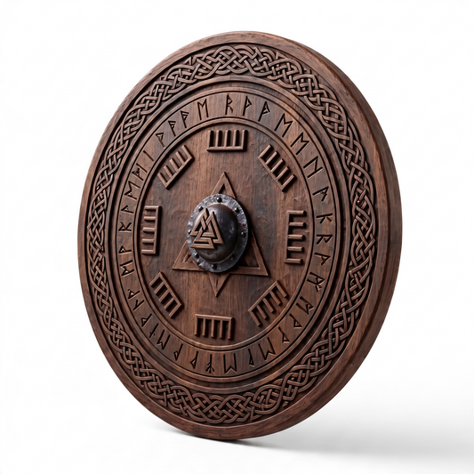24 Inches Hand-Carved Walnut Wooden Valknut Viking Shield – AB-00261