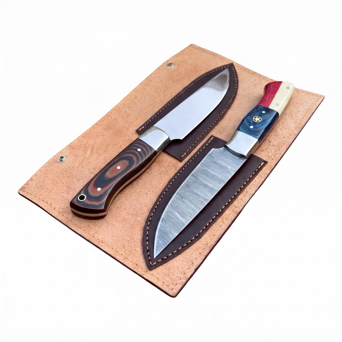 2-Piece Handmade Steak Knife Set – Damascus & Stainless Steel | Multi Micarta & Texas Handle – AB-00247