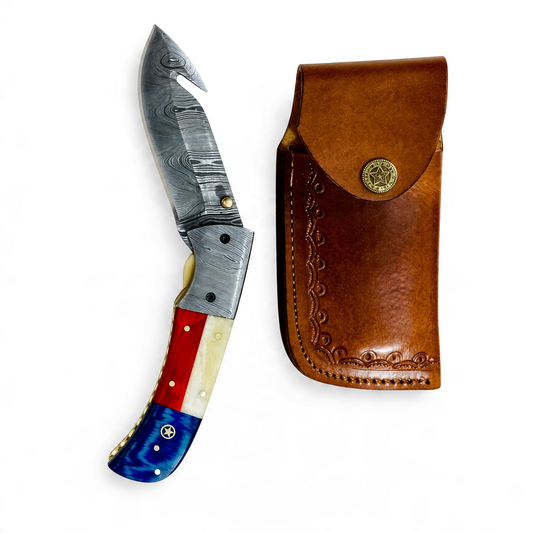 Damascus Steel Gut Hook Folding Knife with Damascus Bolster & Texas Handle – AB-0047