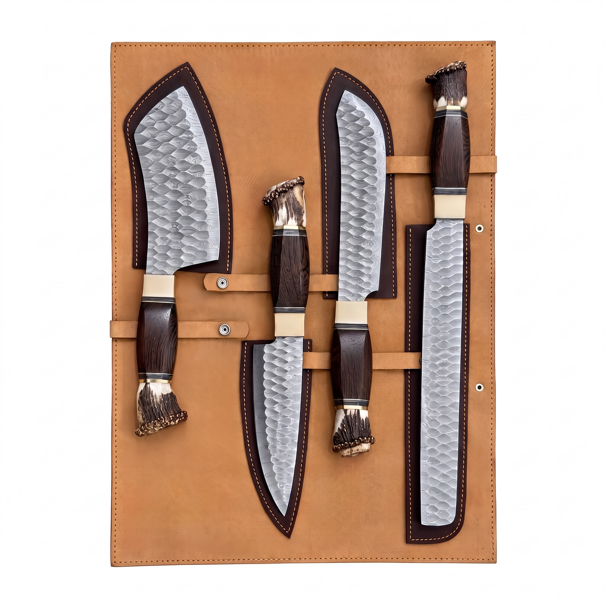 Damascus Steel 4 Pieces Chef Set With Brass Bolster, Wenge Wood & Stag Antler Handle – AB-0069