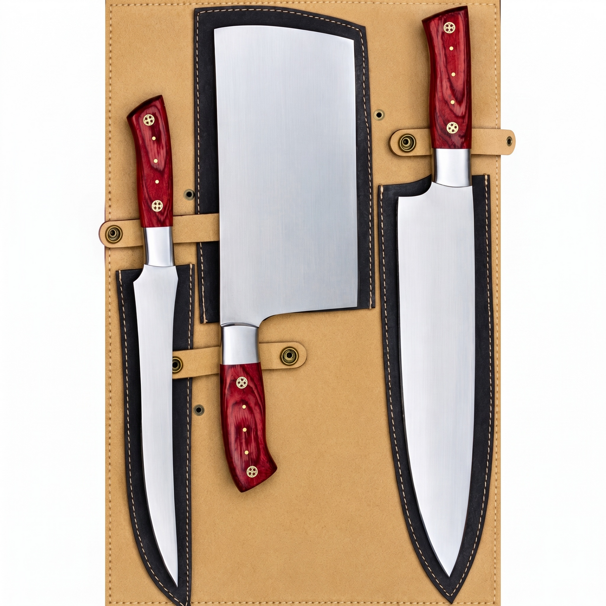 3-Piece Handmade Stainless Steel Chef Knife Set with Red Wood Handles – AB-0083