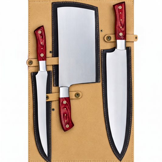 3-Piece Handmade Stainless Steel Chef Knife Set with Red Wood Handles – AB-0083