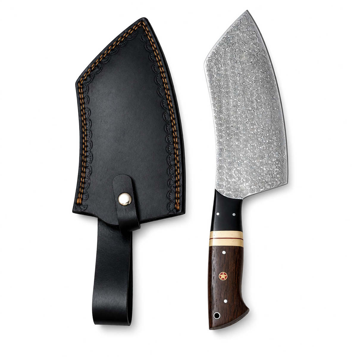 Damascus Steel Raindrop Pattern Meat Cleaver With Black Micarta, Bone & Wenge Wood Handle – AB-00253