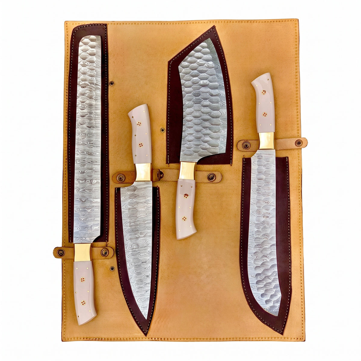 4-Piece Handmade Damascus Chef Knife Set with White Resin Handles & Brass Bolsters – AB-00128