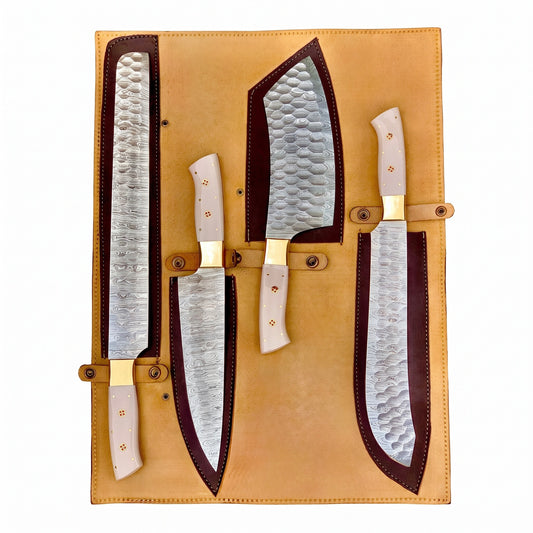 4-Piece Handmade Damascus Chef Knife Set with White Resin Handles & Brass Bolsters – AB-00128