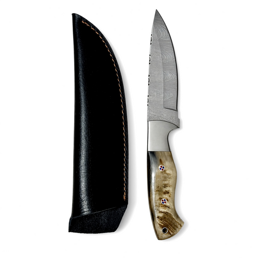 Damascus Steel Hunting Skinner Knife With Ram Horn Handle – AB-00254