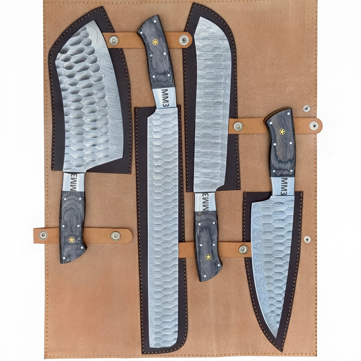 Damascus Steel 4-Piece Chef Set With Black Wooden Handle – AB-00255