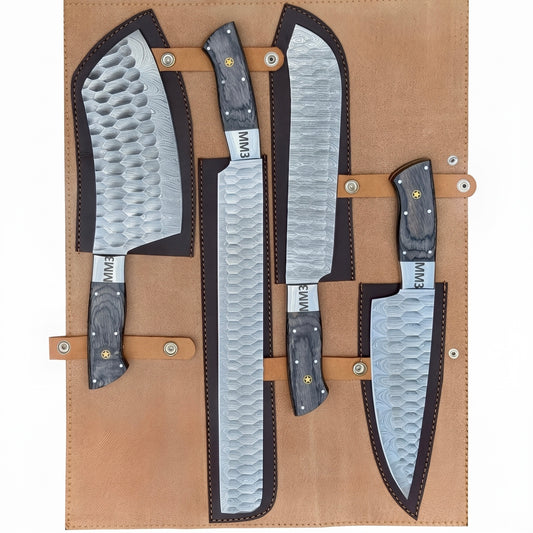 Damascus Steel 4-Piece Chef Set With Black Wooden Handle – AB-00255