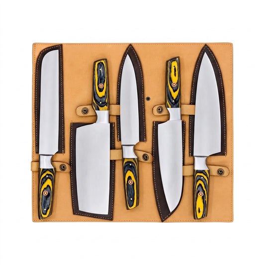 5-Piece Handmade Stainless Steel Chef Knife Set with Yellow & Black Wood Handles – AB-0089