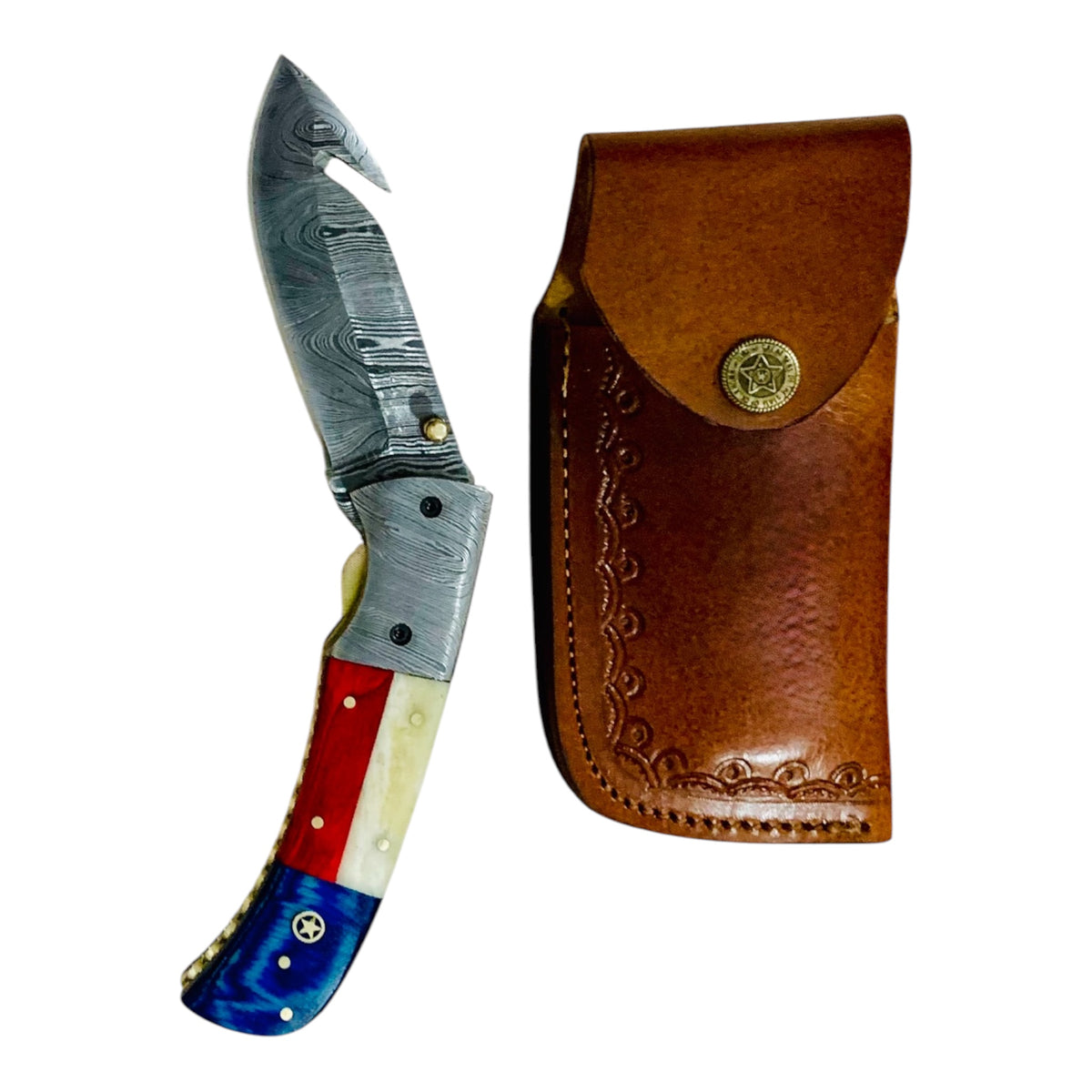 Damascus Steel Gut Hook Folding Knife with Damascus Bolster & Texas Handle – AB-0047