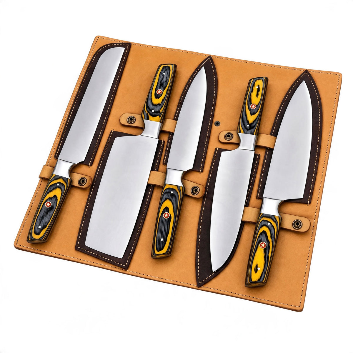 5-Piece Handmade Stainless Steel Chef Knife Set with Yellow & Black Wood Handles – AB-0089