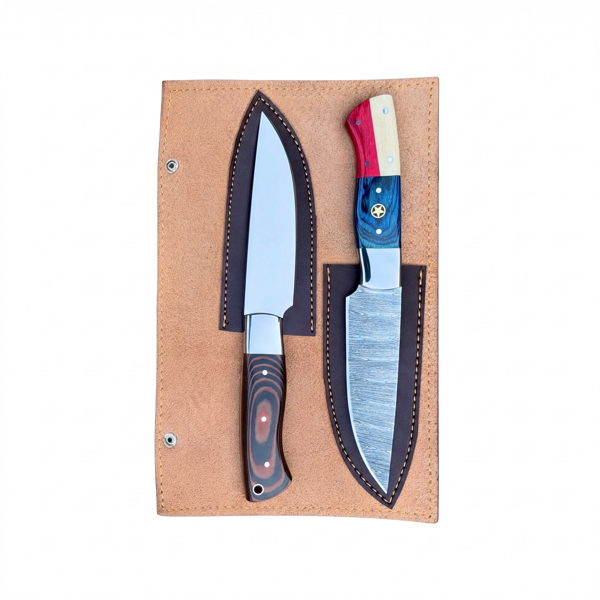 2-Piece Handmade Steak Knife Set – Damascus & Stainless Steel | Multi Micarta & Texas Handle – AB-00247