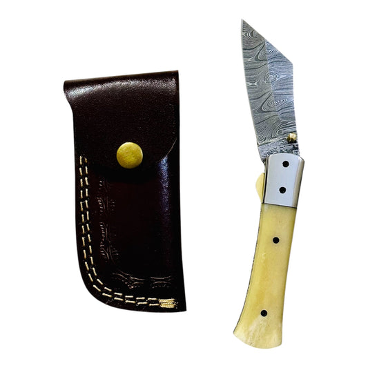 Handmade Damascus Steel Folding Knife with Bone Handle – AB-00142