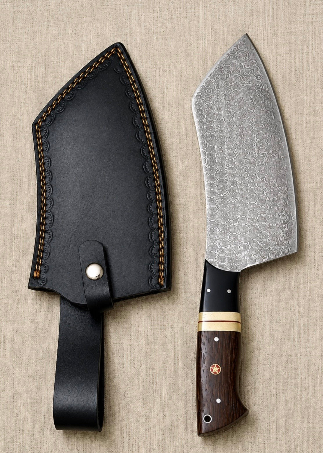 Handmade Damascus steel meat cleaver with raindrop pattern blade, Black Micarta, Bone and Wenge Wood handle