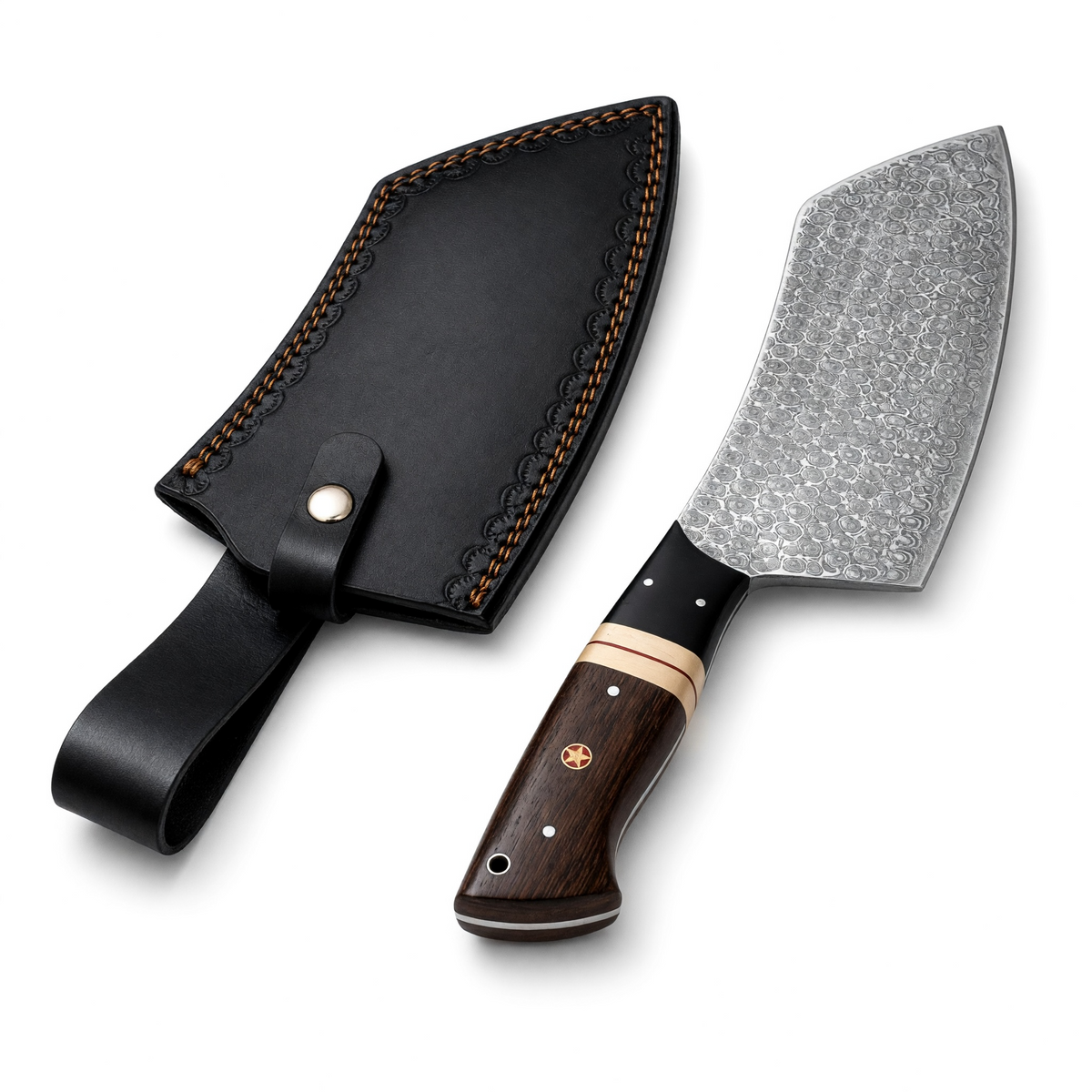 Damascus Steel Raindrop Pattern Meat Cleaver With Black Micarta, Bone & Wenge Wood Handle – AB-00253