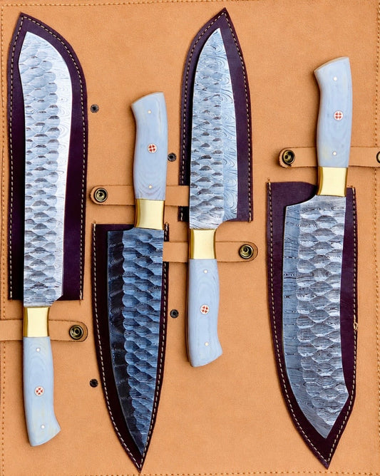 4-Piece Handmade Damascus Chef Knife Set with White Resin Handles & Brass Bolsters – AB-0090