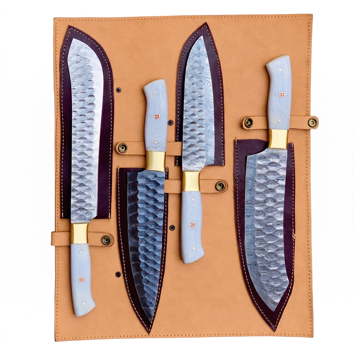 4-Piece Handmade Damascus Chef Knife Set with White Resin Handles & Brass Bolsters – AB-0090