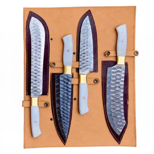 4-Piece Handmade Damascus Chef Knife Set with White Resin Handles & Brass Bolsters – AB-0090