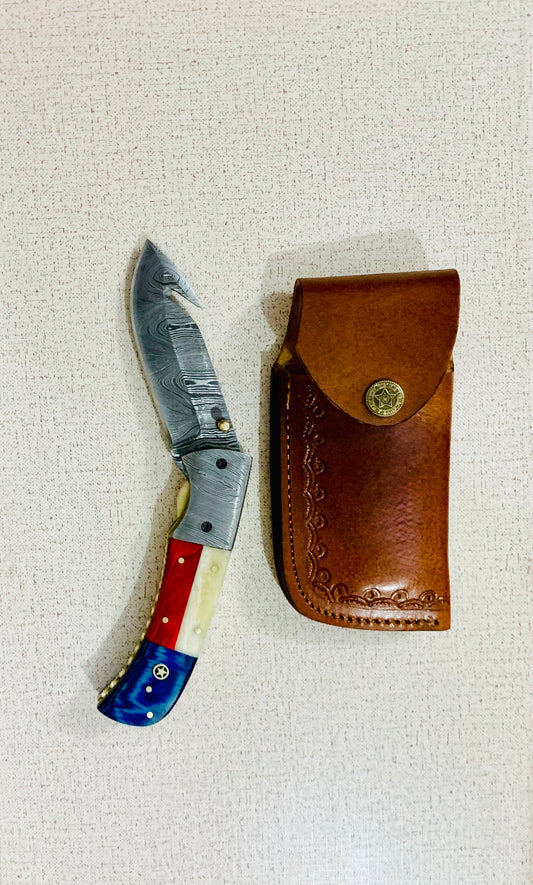 Damascus Steel Gut Hook Folding Knife with Damascus Bolster & Texas Handle – AB-0047