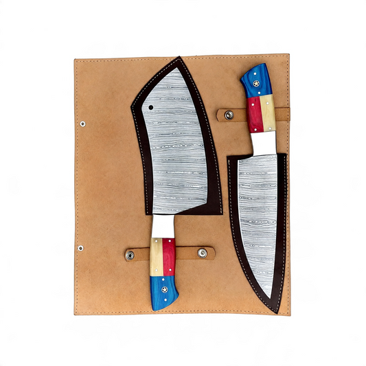 2-Piece Handmade Damascus Chef Knife Set with Texas Handles – AB-00209