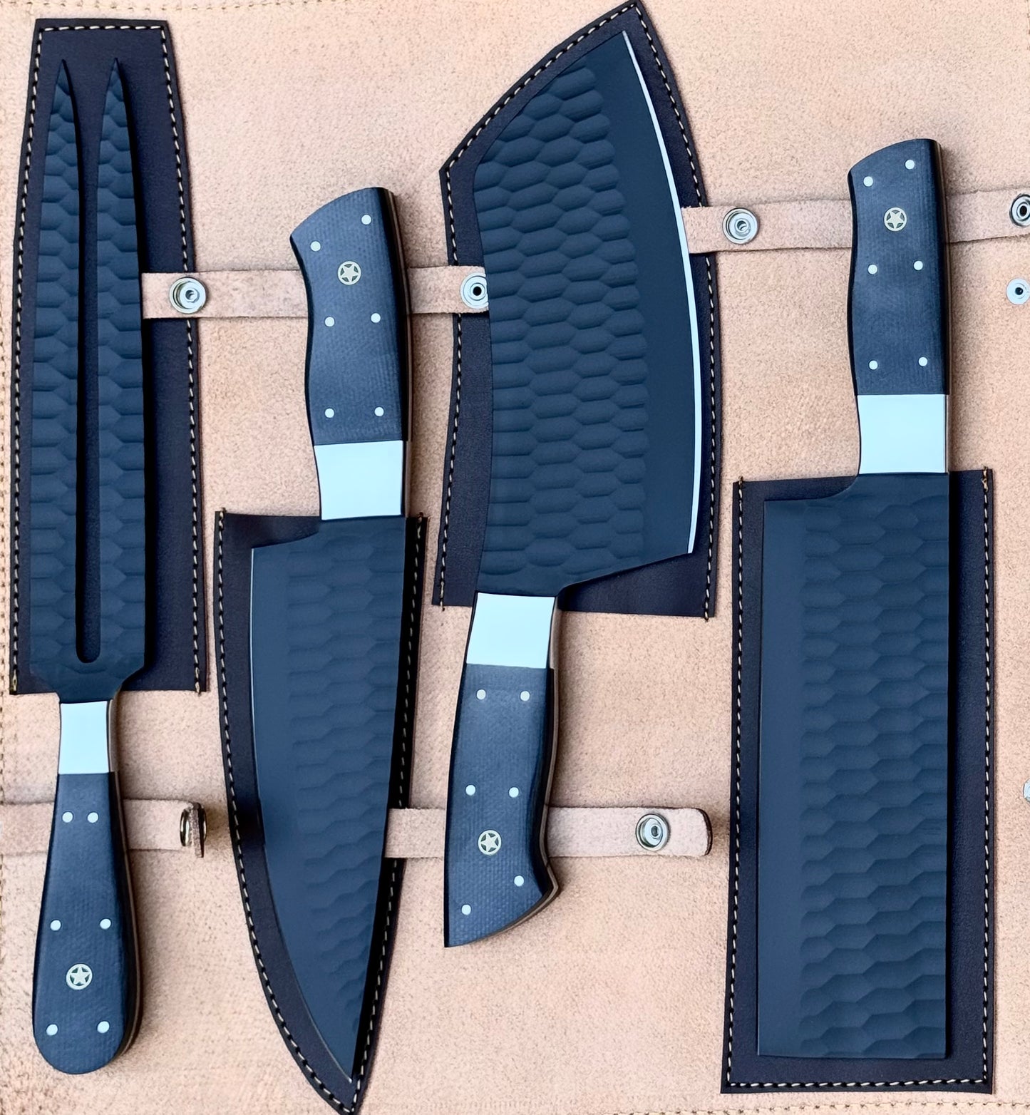 4-Piece Handmade Stainless Steel DLC Coated Chef Knife Set with Black Micarta Handles – AB-00242