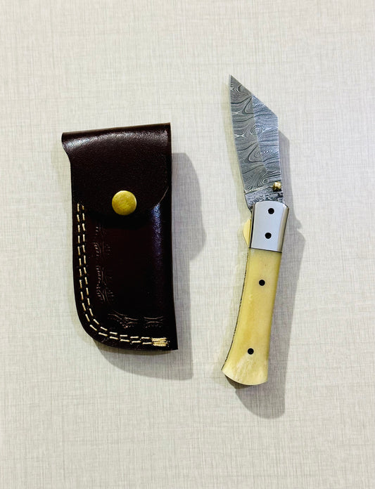 Handmade Damascus Steel Folding Knife with Bone Handle – AB-00142