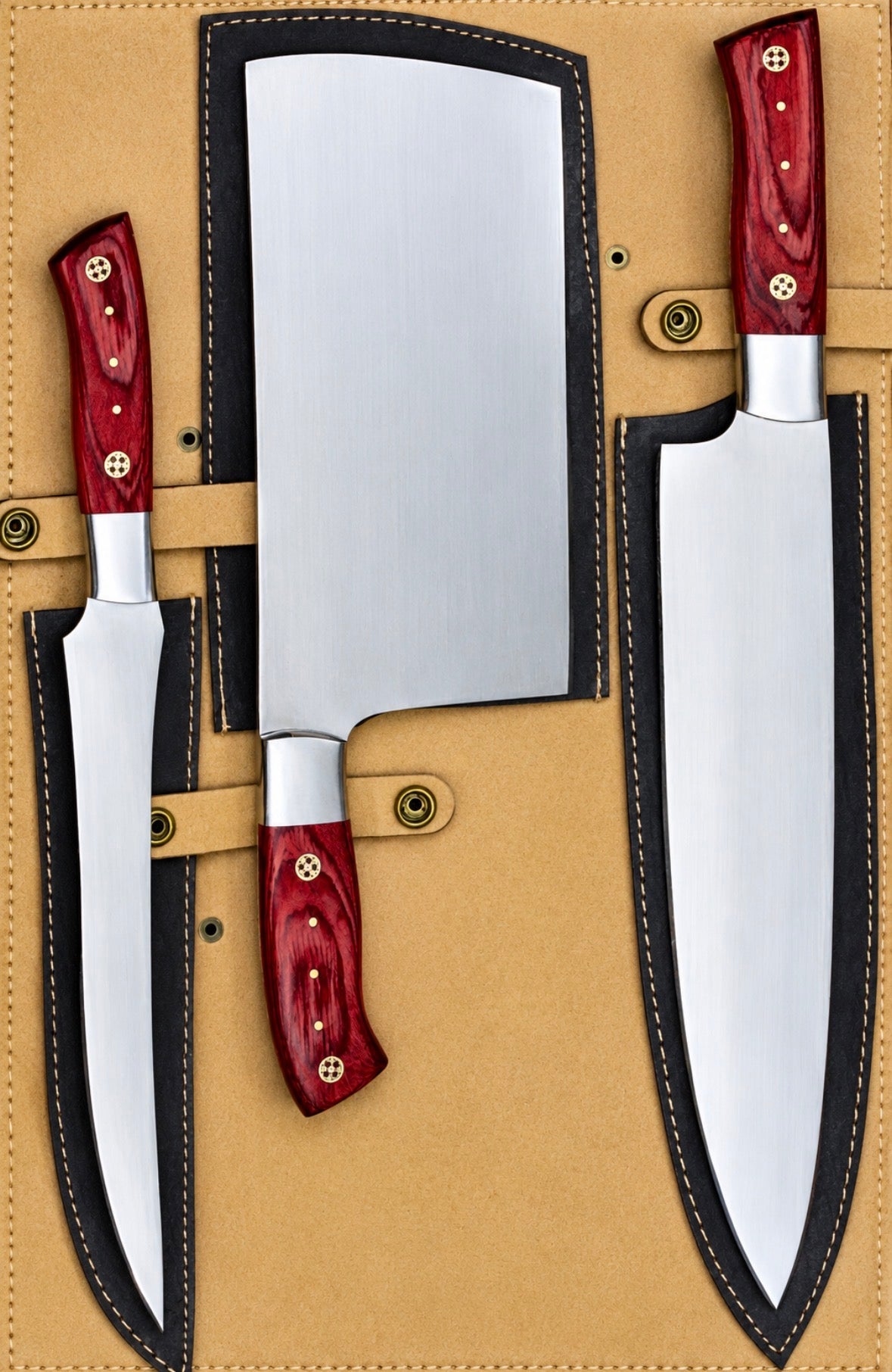 3-Piece Handmade Stainless Steel Chef Knife Set with Red Wood Handles – AB-0083