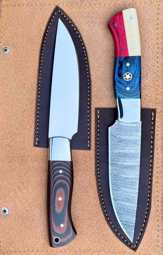 2-Piece Handmade Steak Knife Set – Damascus & Stainless Steel | Multi Micarta & Texas Handle – AB-00247