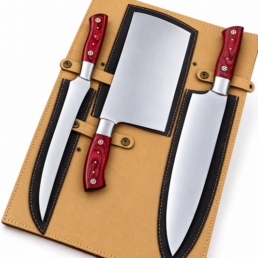 3-Piece Handmade Stainless Steel Chef Knife Set with Red Wood Handles – AB-0083