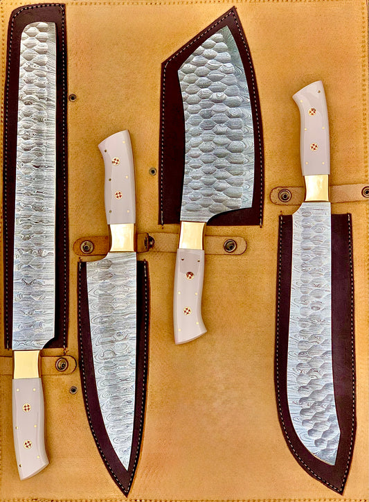 4-Piece Handmade Damascus Chef Knife Set with White Resin Handles & Brass Bolsters – AB-00128