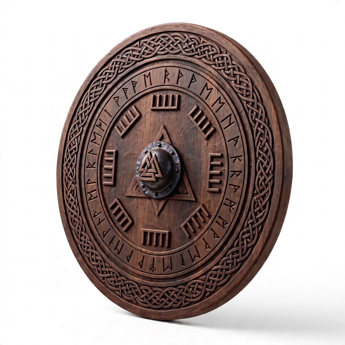 24 Inches Hand-Carved Walnut Wooden Valknut Viking Shield – AB-00261