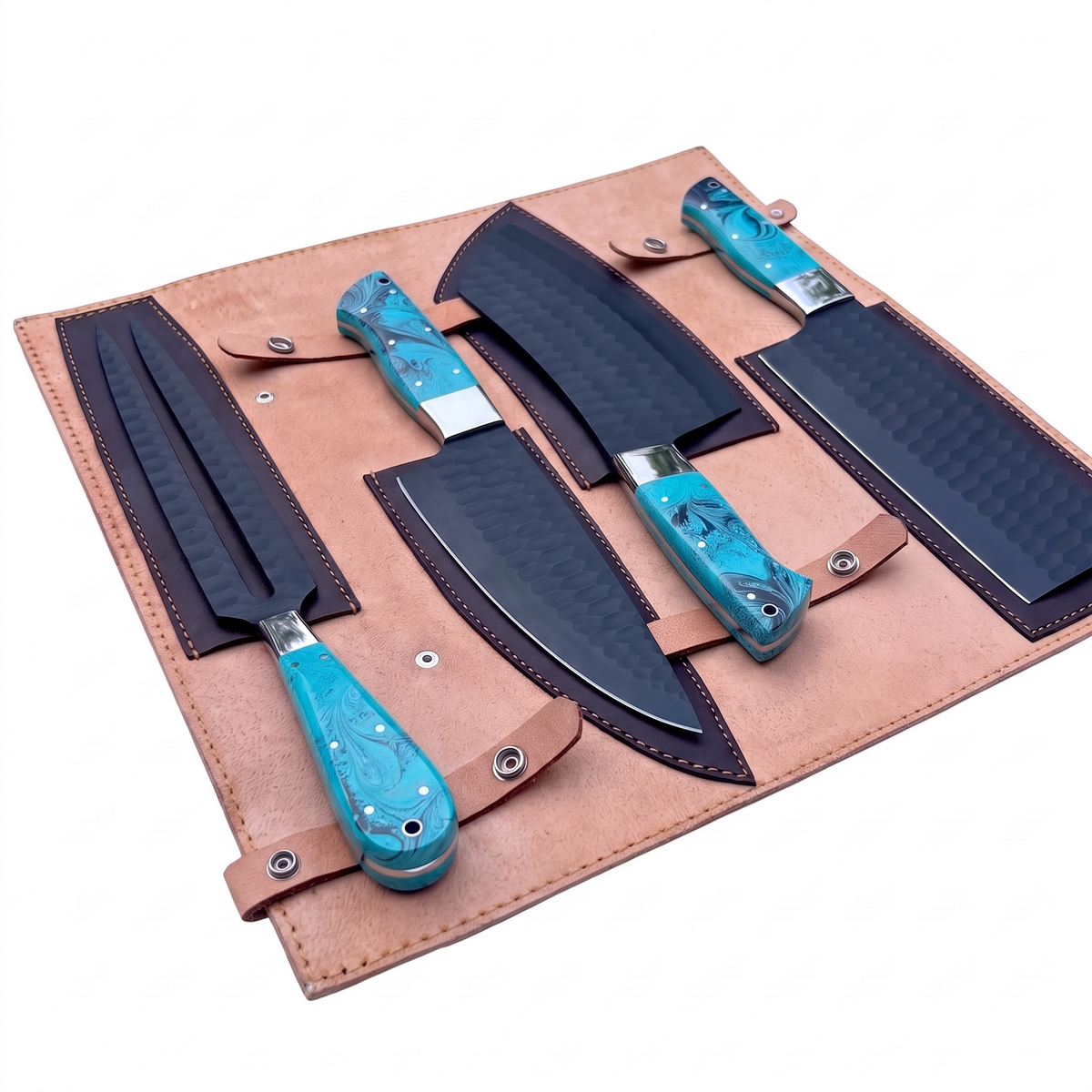 Stainless Steel 4 Pieces DLC Coated Chef Set With Blue Turquoise & Black Resin Handle – AB-00258