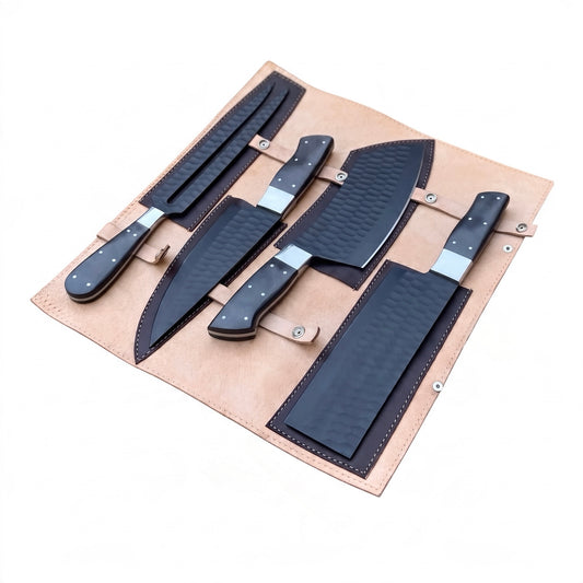 4-Piece Handmade Stainless Steel DLC Coated Chef Knife Set with Black Micarta Handles – AB-00242